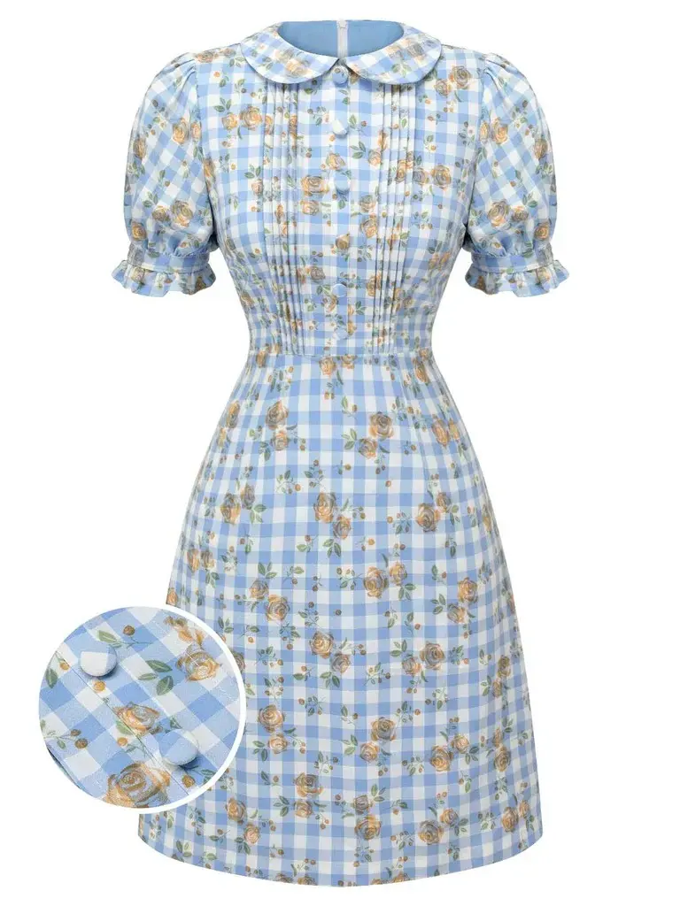 RETROSTAGE Women's Cottagecore Gingham Mini Dress with Puff Sleeves, Peter Pan Collar, Rose Print and Button Detail, Flowers, Checkered Print BackToSchool, Polyester, Elegance