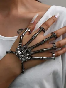 Punk Skeleton Hand Bone Design Bangle, Fashionable Hand Accessories for Women & Men, Adjustable Five Finger Ring Bracelet for Party, Daily Clothing Decor