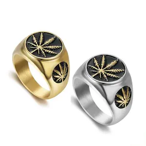 Vintage Biker Leaf Ring for Men, Bold 2-Tone Gold-Plated Stainless Steel Hip Hop Statement Jewelry, Male