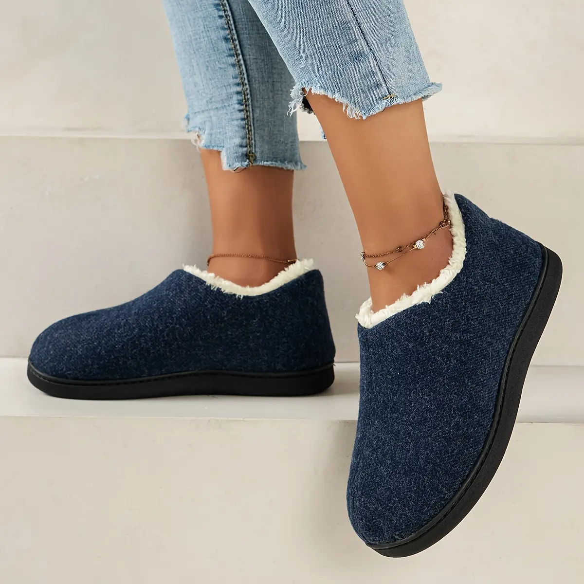 Women's Denim Blue Plush-Lined Casual Slip-On Slippers - Fabric, Machine Washable, Indoor/Outdoor Comfort, Black Sole Shoe