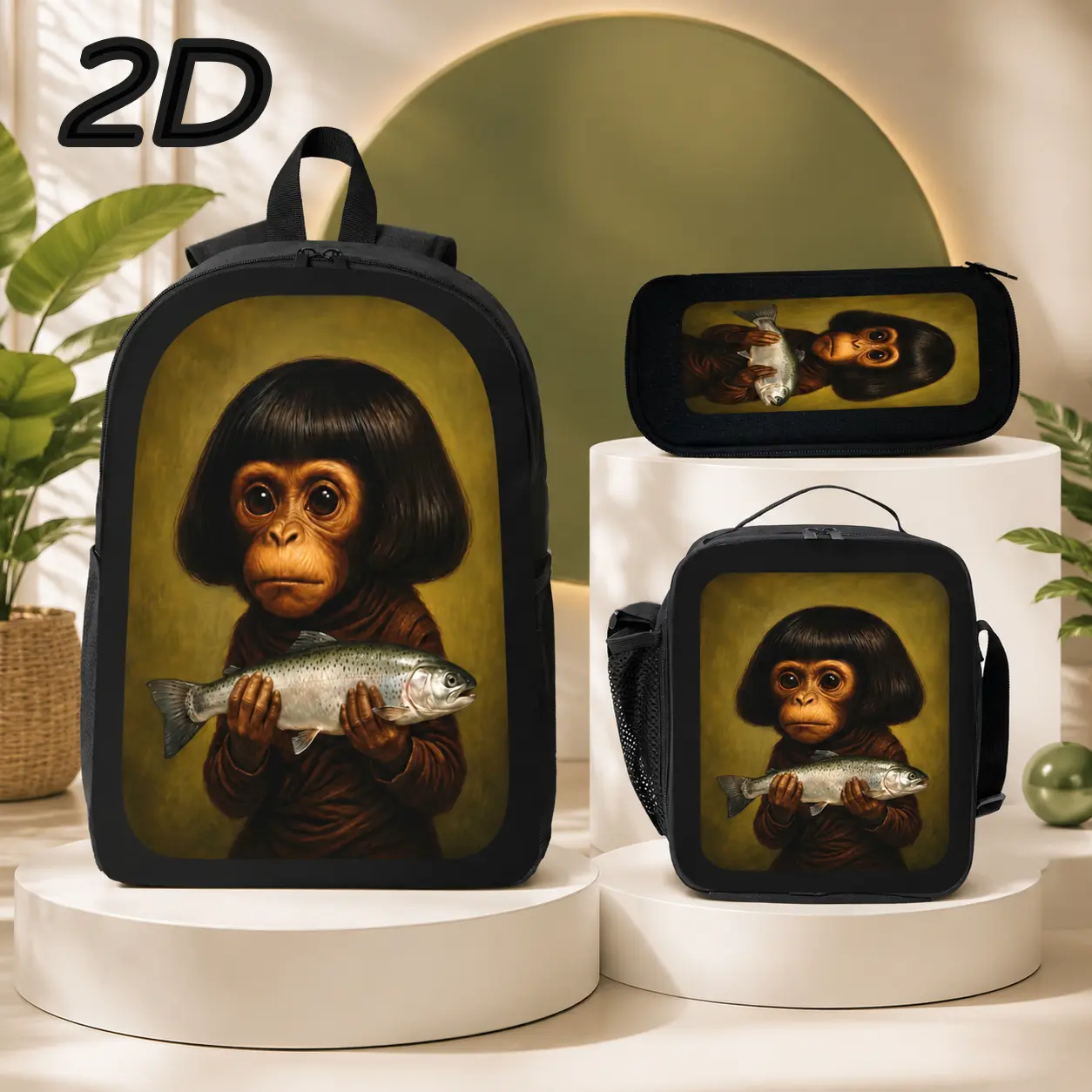 Funny monkey Magnet with BobHaircut Printed 3PCS Backpack Set 17in Soccer School Backpack Shoulder Bag Pencil Case Sports Bookbag Backpacks for School Women Men Student Set Travel Backpack Back to School Gift Trendy Backpack Set