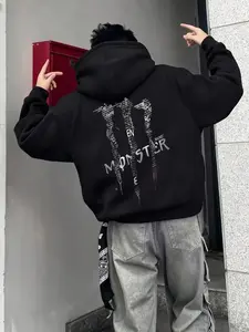 Monster Text Patchwork Graphic Hoodie | Heavyweight Fleece Streetwear Sweatshirt, Y2K Aesthetic Streetwear Oversized Sweatshirt