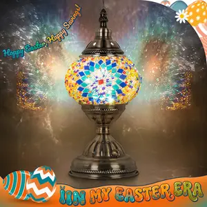 Yarra-Decor Turkish Moroccan Lamp with Bronze Base Handmade Tiffany Mosaic Glass Portable Bedside Lamp Rechargeable 2000mAh LED Bulb Blue1 Illuminated Lantern Modern Design Ideal Gift Christmas gifts Adjustable Brightness Lights  Easter gifts Aurora Proje
