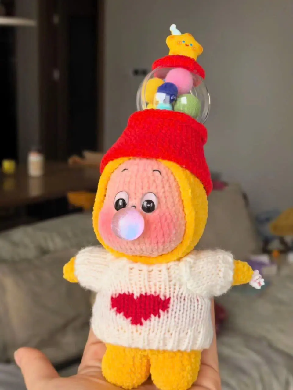 Cute Bubblegum Plush Doll Keychain Pendant with Red Heart Knit Sweater & Gumball Machine Hat, Kawaii Bag Charm Keyring Aesthetic Gift for Girls