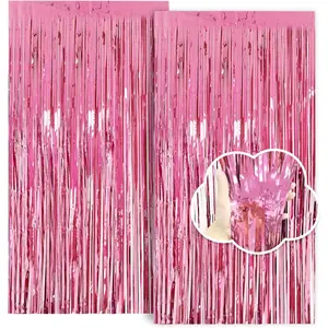 Pink Birthday Decorations for Girls, 3.3x8.2ft Pink Tinsel Backdrop Foil Fringe Curtains, Glitter Pink Streamers Party Decorations Door Hanging for Barbie, Bachelorette, Graduation, Halloween (2 Pack)