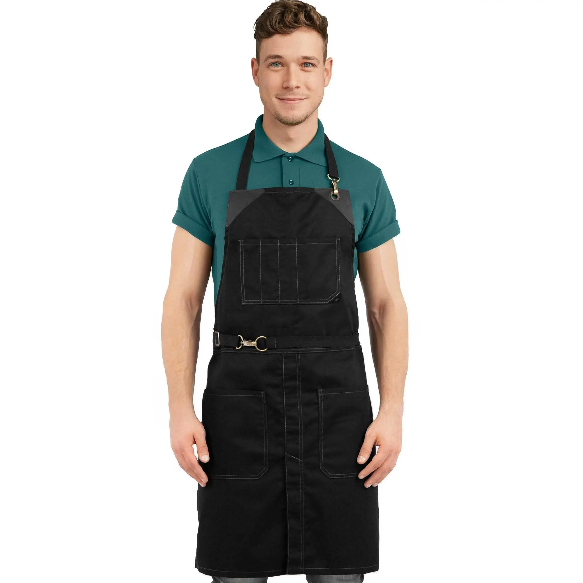 Chef Apron - Twill, No-Tie, Leather Trim, Split - Chef, Bartender, Barista, Grill, Shop