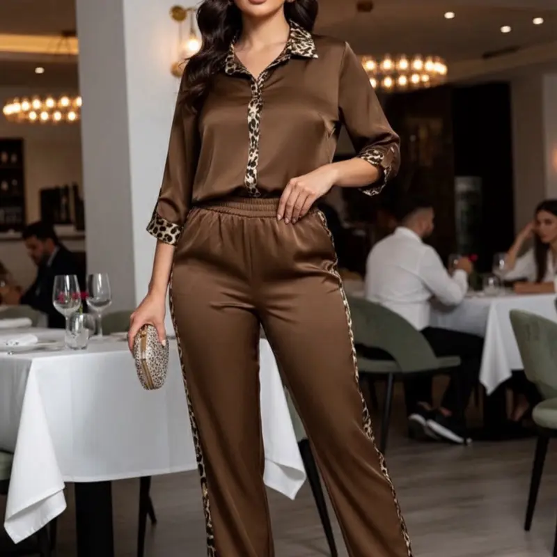 Fashion space Two-Piece Set in Brown with Animal Print Details