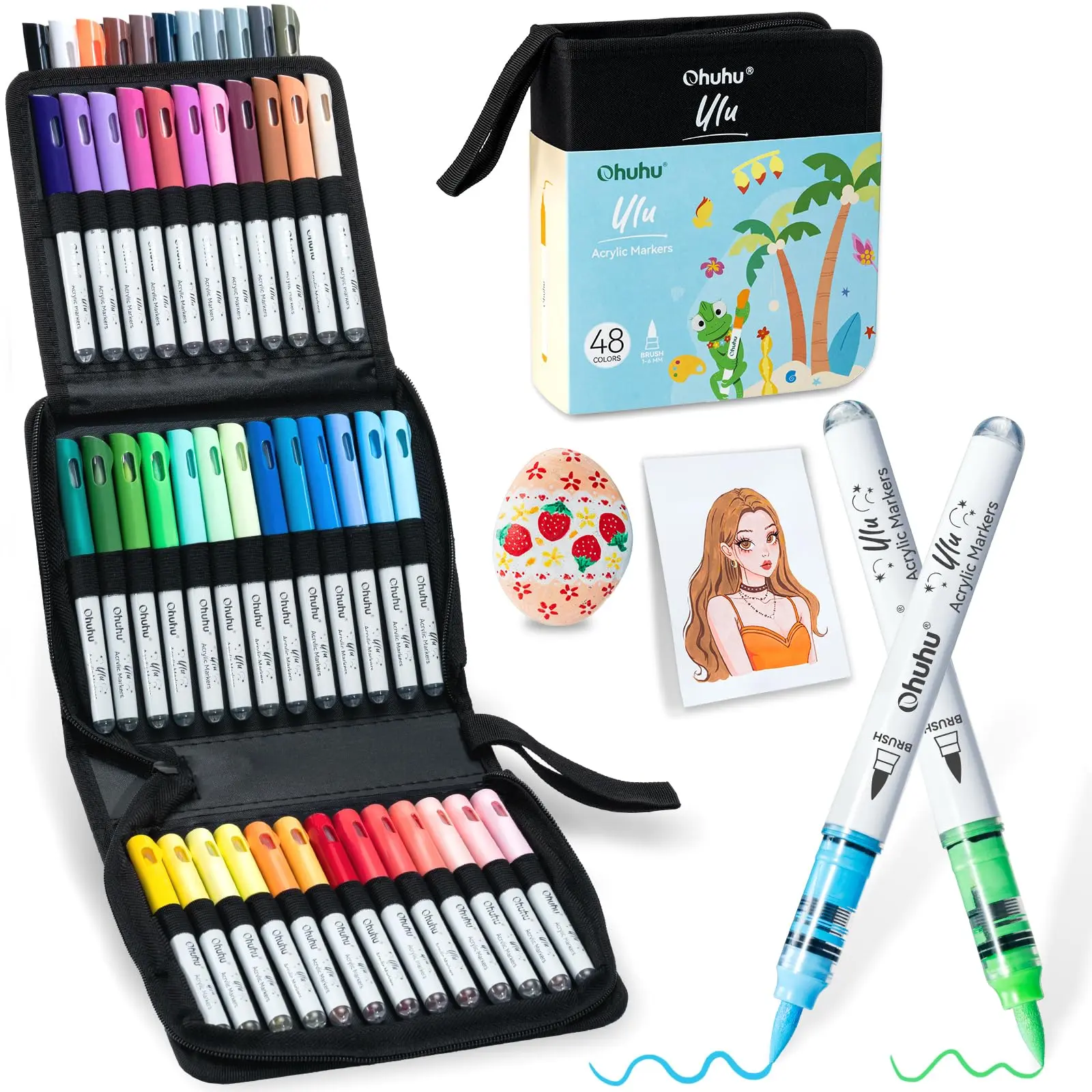 Ohuhu Acrylic Paint Markers: Brush Tip - 48 Colors - Automatic Ink Control Acrylic Markers Balanced Coverage Paint Pens Waterproof Lightfast for Rock Painting 3D Prints Wood DIY Crafts for Beginners - Ulu Series of Ohuhu