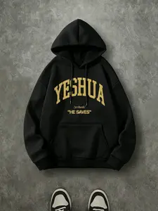 Yeshua He Saves Vintage College Hoodie, 270G Brushed Fleece Gold Arch Letter Christian Hooded Sweatshirt, Religious Inspirational Casual Streetwear Pullover For Men Women