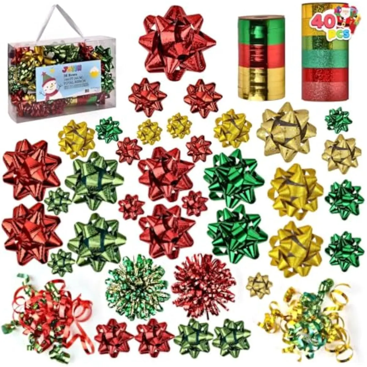 40 Pcs Christmas Assorted Gift Bows with 34 Multi-Colored Assorted Size Self Adhesive Gift Bows, 2 Curly Bows, 2 Tinsel Bows and 2 Curling Ribbons for Gift Wrapping, Christmas Wrapping Ribbon