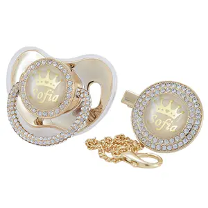 MIYOCAR Custom Gold Crystal Crown Pacifier & Clip Set – Personalized Baby Gift for Luxury Keepsake for Newborns& Photo Shoots