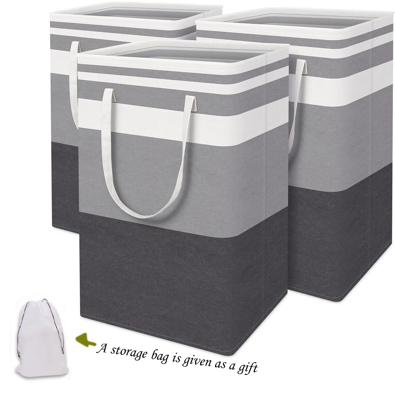 3-Pack Large Waterproof Cotton Laundry Hamper Storage Bags, Portable Foldable Metal High-Leg Clothes Organizers with Extended Straps & Handles
