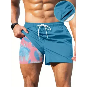 Men’s Quick-Dry Swim Trunks with Leaf Print, Compression Liner & Zipper Pocket – Blue Tropical Board Shorts for Beach, Pool, or Summer Vacation