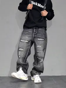 Men's Classic Vintage Wash Scratch Distressed Straight Leg Denim Jeans, Korean Style Streetwear Loose Fit Casual Wide Leg Pants, All Seasons Fashion