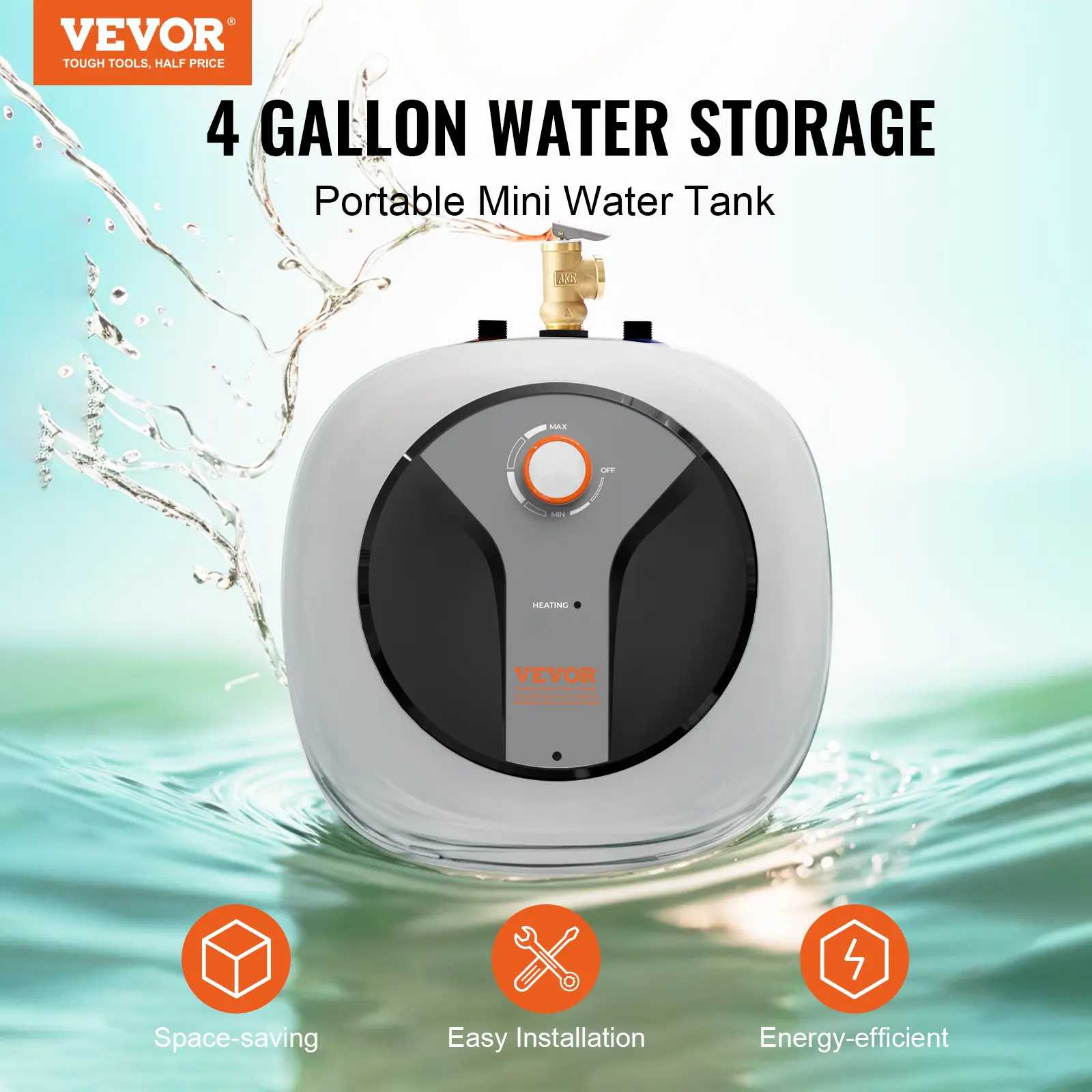 【BackToSchool】VEVOR Electric Mini-Tank Water Heater, 4-Gallon Tank, 1440W Hot Water Boiler Storage, Safety Temperature Pressure Valve, Easy Installation, Knob Temp Control, LED Lights, Vertical-Horizontal Mount (Shelf/Wall/Floor), for Kitchen Bathroom