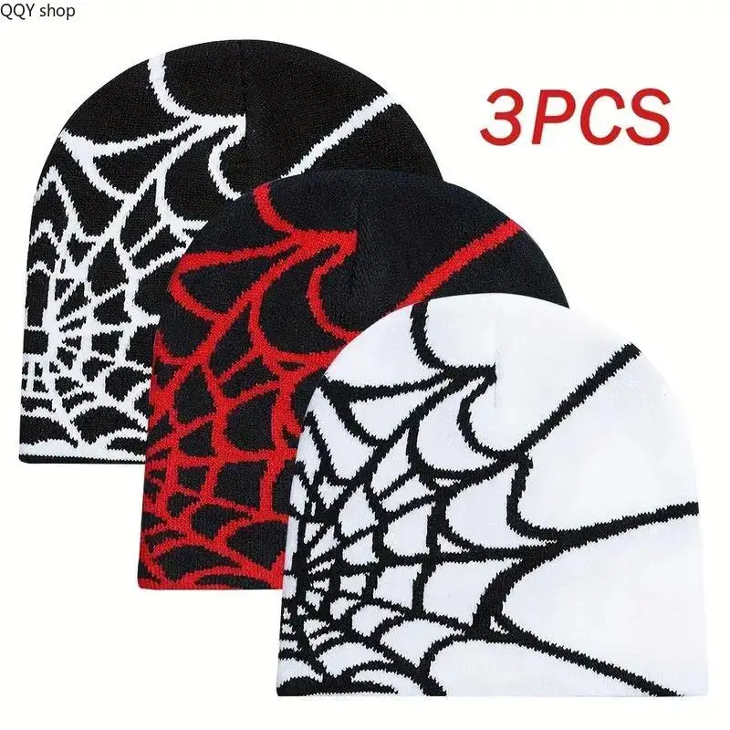 3pcs Winter Knitted Hats Hip Hop Warm Gothic Retro Streetwear Essentials Funky Beanie Handmade Feel Machine Washable casual
