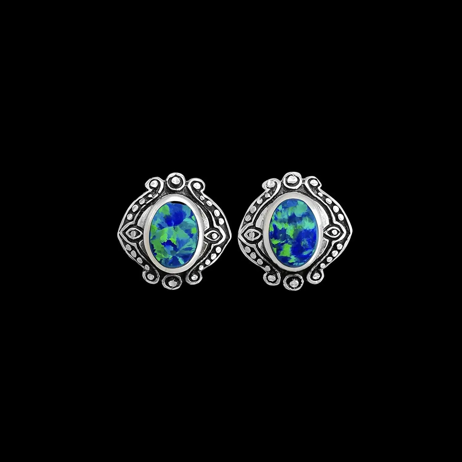 925 Sterling Silver Opal Earrings, Blue Stud, Bridal Post, Wedding, Vintage