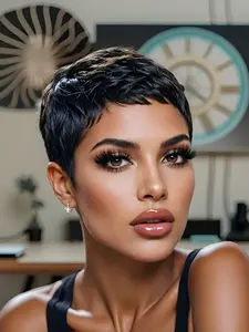 pixie cut wig machine made pixie wig short straight layered  Party holidays gift wig PIXIE black color pixie cut human hair wig Straight Layered Wigs