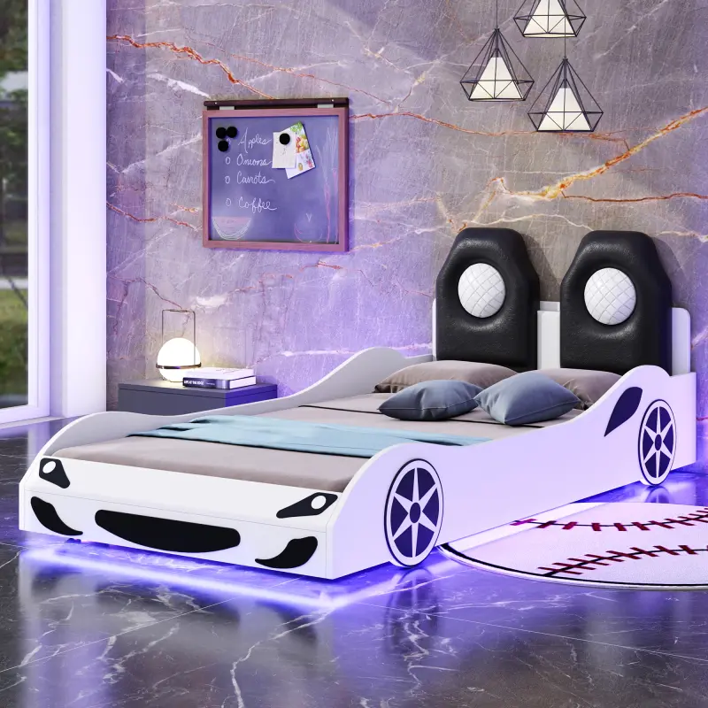 【Bellemave】Wood Twin Size Race Car-Shaped Platform Bed with LED and Upholstered Backrest 【Bellemave】Wood Twin Size Race Car-Shaped Platform Bed with LED and Upholstered Backrest