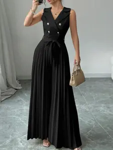 Women's Commuter Suit Collar Sleeveless Button Front Pleated Elegant Chic Jumpsuit, Side Zipper, No Pockets, Includes Belt, All Seasons Fitted Style