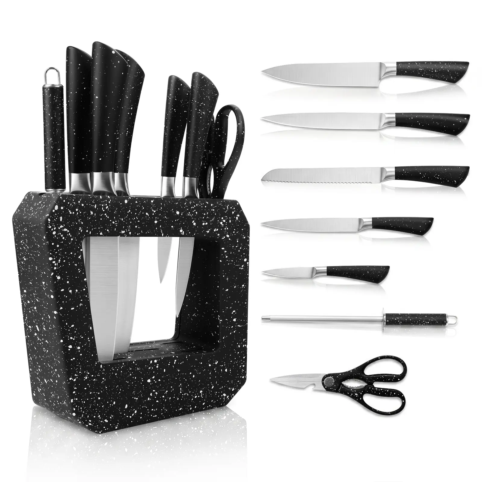 8-Piece Kitchen Knife Block Set,Sharp Knife Set, High Carbon Stainless Steel KitchenKnives, Solid Knife Block, High-End Black Speckle Cutlery Set,Non-Slip Ergonomic Handle, Hollow Design,Dishwasher Safe, Holiday Gift