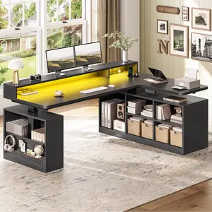 Sedeta 63x39.3in Modern L-Shaped Electric Height-Adjustable Wood-Metal Pegboard Top Standing Desk, Office Furniture Wood Workstation with Storage Shelves, RGB Lighting, Power Outlet