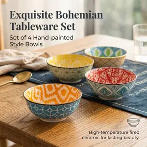 Set of 4 Bohemian Ceramic Bowls, Hand-Painted Style Colorful Bowls, High-Temperature Fired Porcelain for Soup, Rice & Daily Dining