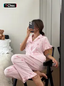 Valentine's Day Women's Sleepwear Set, Pajama Floral Print Ruffle Short Sleeve Long Pants, Casual Home Wear, Soft Button Up Top & Elastic Waist Pant