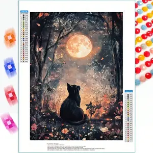 1 Piece 30x40cm Full Round Diamond Painting, Wall Art Painting, Healing Moonlit Black Cat Gazing At The Moon, Autumn Forest Full Moon Floral Pattern, Cat Fur Texture, Moonlight Speckle Details