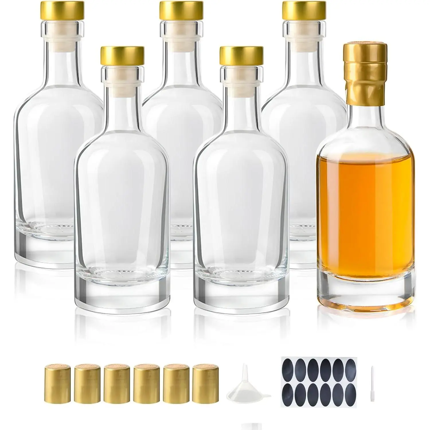 6 Pack 6oz (200ml) Clear Glass  Bottles for , Kombucha,Beverages, Oil, Vinegar, Empty  Bottles, Glass Bottle with T-Top Caps, Heat Shrink Capsules