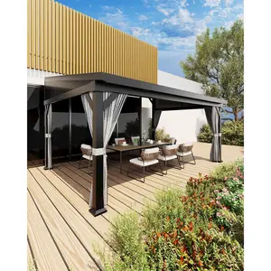 Garvee 10 ft x 14 ft Wall-Mounted Hardtop Gazebo with Curtains and Net, Featuring a Lean-to Pergola Design and Galvanized Steel Roof, Ideal for Outdoor Patio, Deck, Backyard, and Porch Shelter