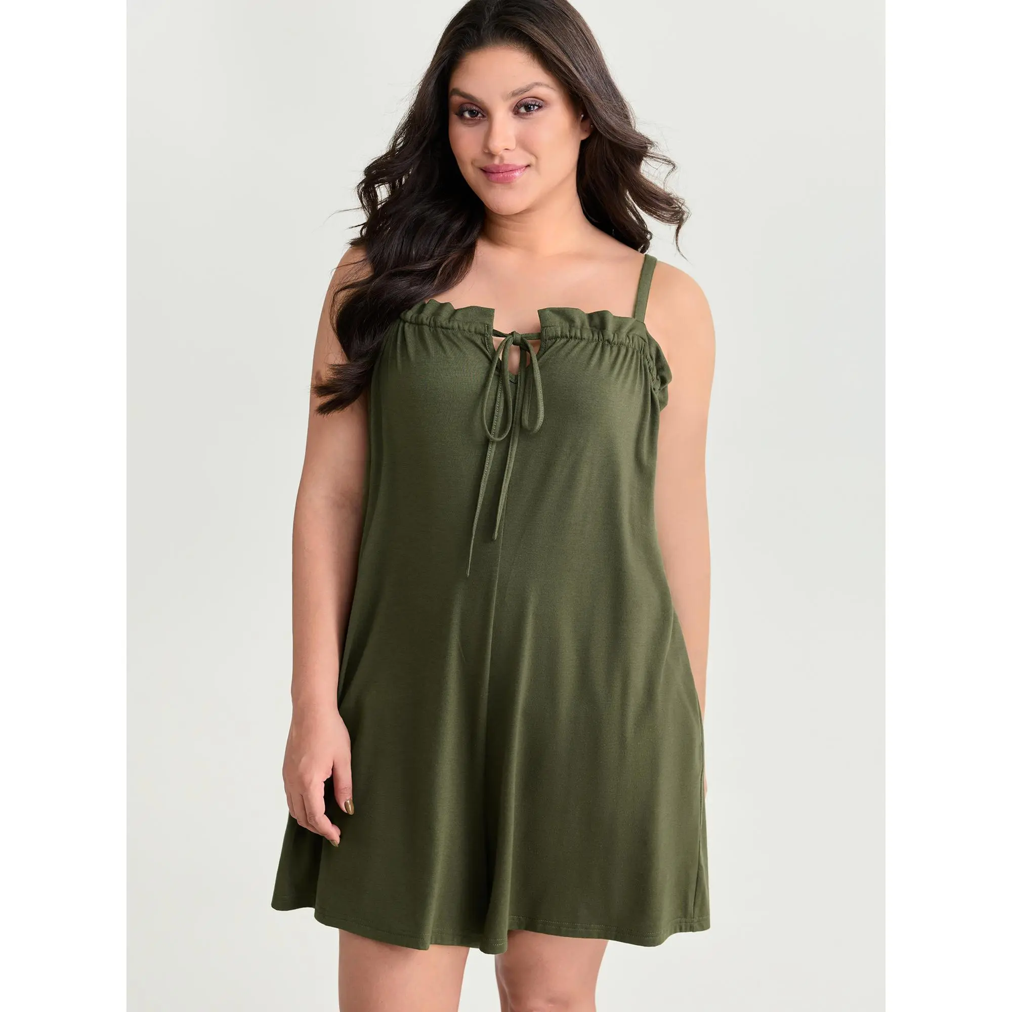 BloomChic Plus Size Rompers for Women, Chic Square Neck Playsuit with Ruffle Sleeves and Drawstring Waist, Soft Stretch Fabric with Pockets, Plus Size Clothes, Curvy Clothing