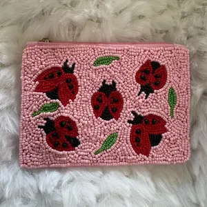 Handmade Coin Beaded Purse with Ladybug Motif and Pink Beading