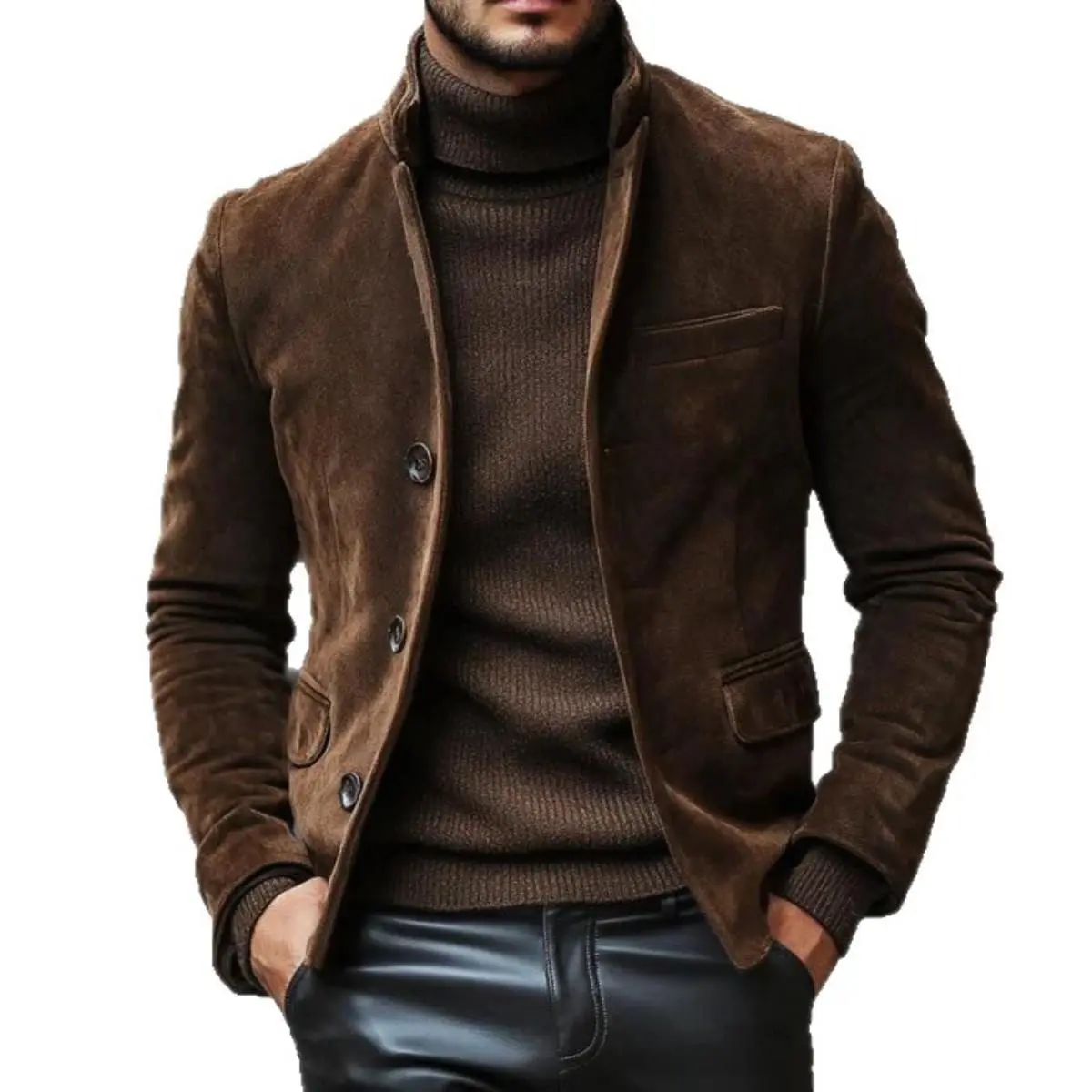 Men's Retro Suede Loose Lapel Work Jacket - Long Sleeve, Minimalist, Soft Fabric, Patch Pockets, Multi-Function, Cold Wash Compatible Autumn/Winter Casual Coat, Patch Pocket, None