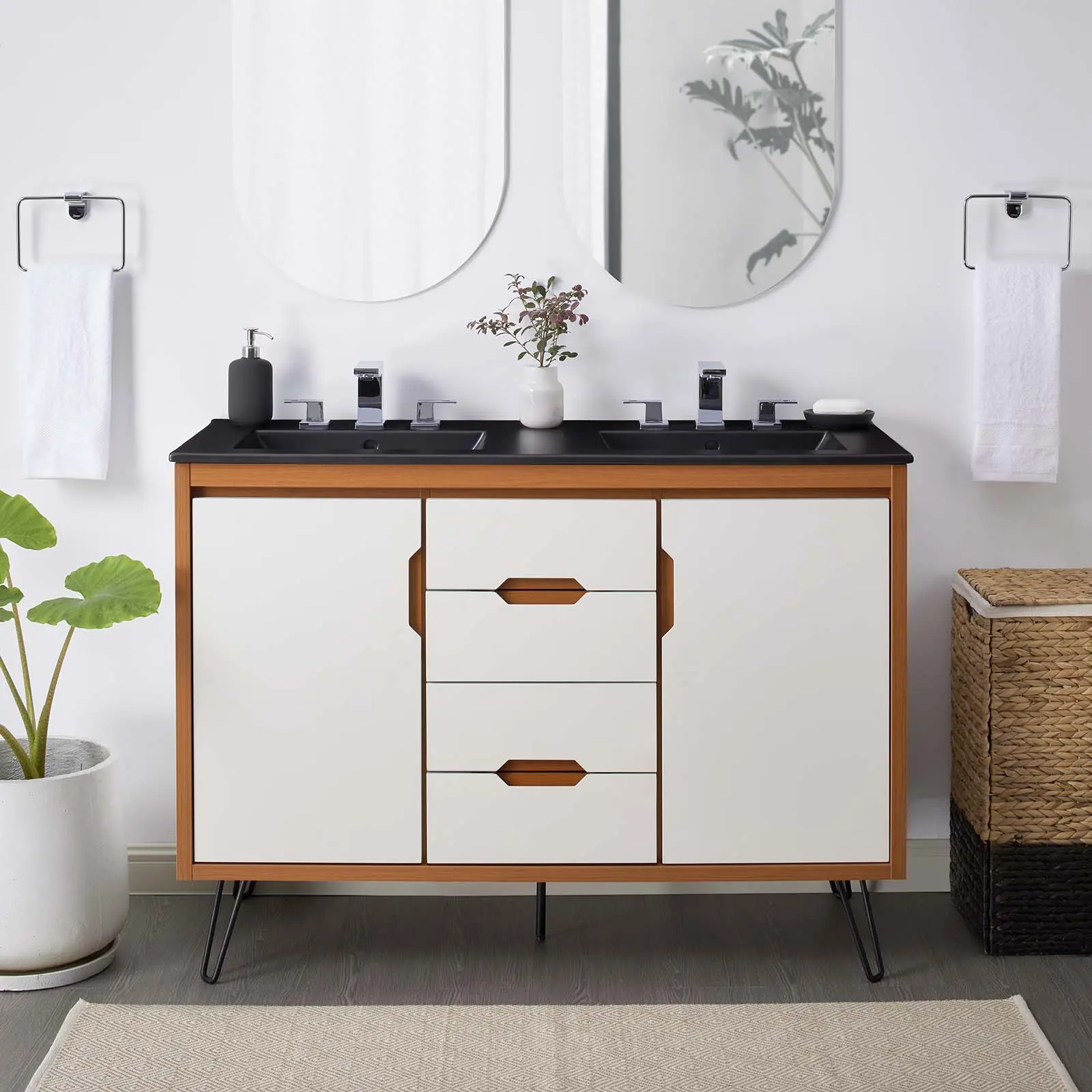Modway Energize 48" Double Sink Bathroom Vanity in Cherry White Black