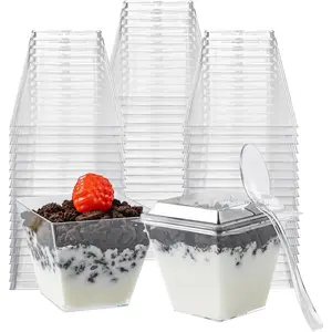 60Pack 4 oz Dessert Cups with 80 Lids and 60 Spoons, Mini Plastic Parfait Cups for Parties, Clear Square Cups for Appetizer Cake Ice-cream