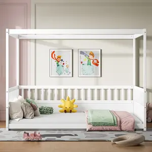 Full Size Canopy Bed Frame with Guardrails for,Floor Bed Full with Four Poster Design,Montessori Floor Bed,Wood Canopy Bed Frame for Girls,Boys(Full,White)bed frame