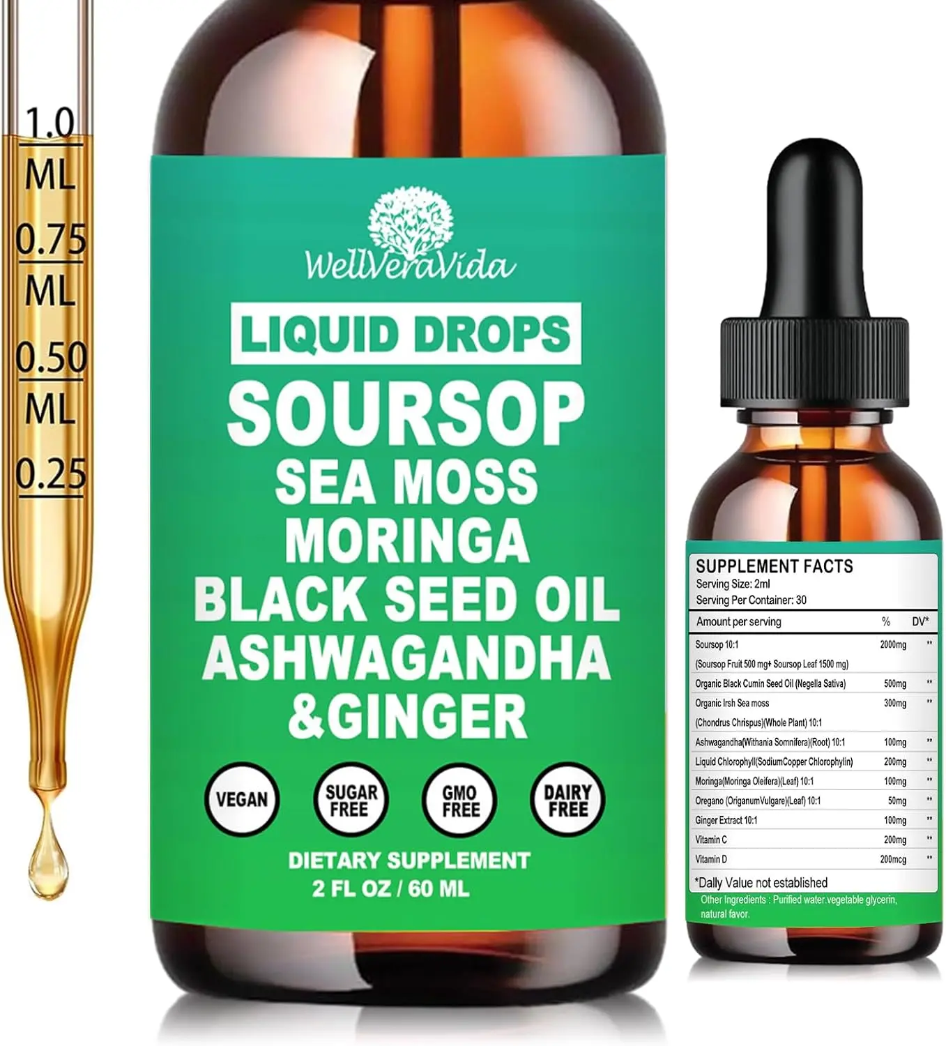 Soursop Bitters Liquid Drops- Organic Soursop Leaves Extract for Energy, Skin, Immune & Gut HealthNatural Superfood Antioxidants Supplement w/Sea Moss, Moringa, Black Seed Oil, Ashwagandha & Ginger