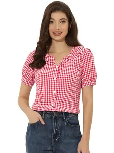 INSPIRE CHIC Puff Sleeve Ruffle Peter Pan Collar Plaid Blouse Shirt Top