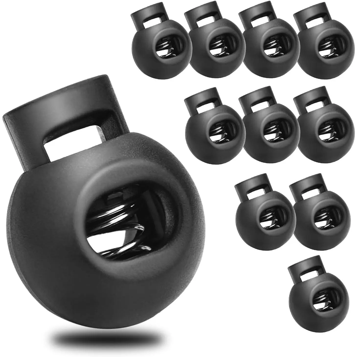 Plastic Round Cord Locks with Drawstring Closure - Quick Release, Rust-Resistant, Durable Material Rope Regulators, Spring Toggle Stoppers That Keeps Cord Tight for Paracord, Tents, 50-Pack Black (Not Suitable for Children Under 3 Years)