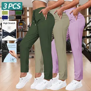 3-Pack Women’s High Stretch Straight-Leg Pants for Spring/Fall, Elastic Waist with Drawstring, Outdoor Casual, Cooling Quick-Dry, Mid-Rise Long Pants with Pockets
