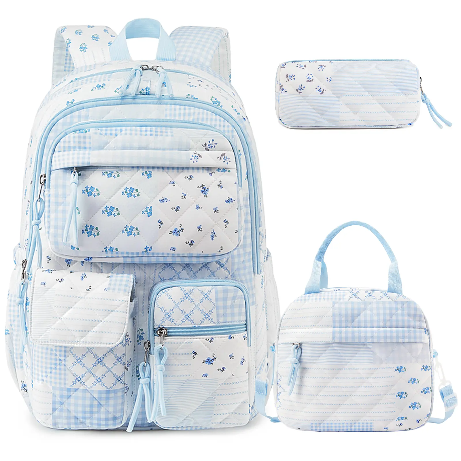 Similove 3PCS Quilted Floral Backpack Bundle Set with Lunch Box & Pencil Pouch, School bag for Elementary Middle School,Back to School Gift,Birthday's Gift,dorm room inspo,college dorm essentials,dorm haul