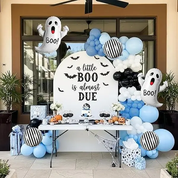 Halloween Balloon Garland Arch Kit - Black Blue White Balloons with 3D Bat Ghost Foil Balloons for Party Decorations & Baby Shower - 134pcs Latex Balloons in Durst Blue Baby Blue White & Black Sizes 5inch 10inch 12inch & 18inch