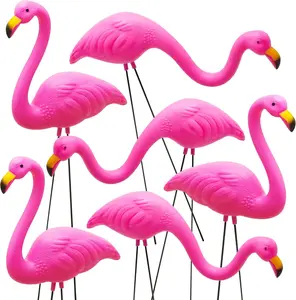 Set of 6 Small Pink Flamingo Yard Ornament Stakes, 17" Plastic Flamingo Lawn Statues with Metal Legs for Sidewalks, Outdoor Garden Decor, Luau & Pool Party Decorations, 2 Styles