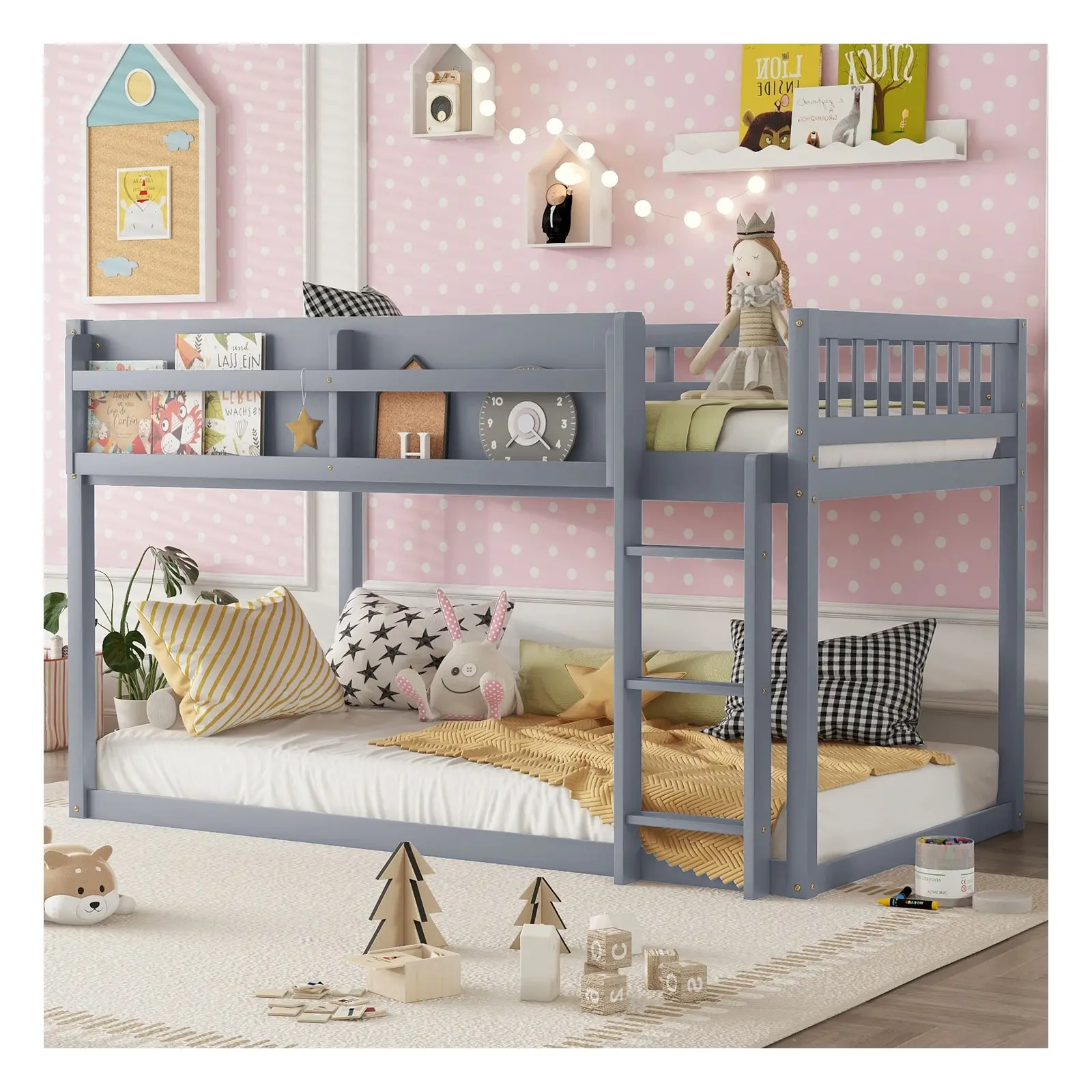 Twin Over Twin Wood Bunk Bed Frame with Guardrails, Ladder, Convertible Design and Space-Saving Design, Gray/Natural