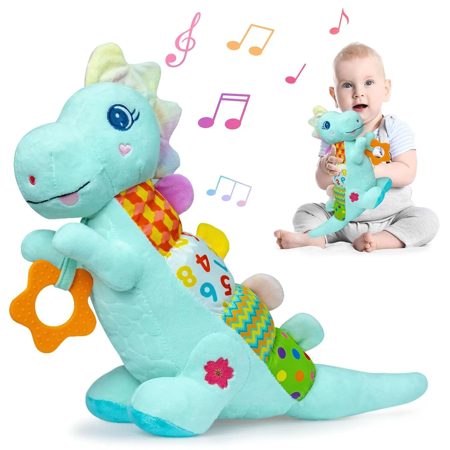 Spring Summer Gift Baby Dino Plush Soft Stuffed Animal Toy for 0-3-6-12+ Months, Infant Musical Toy with Rattle, Squeaker, Sensory Crinkle, Teether & Textures, Tummy Time Toys, Christmas Baby Gift for Newborn Girl Boy