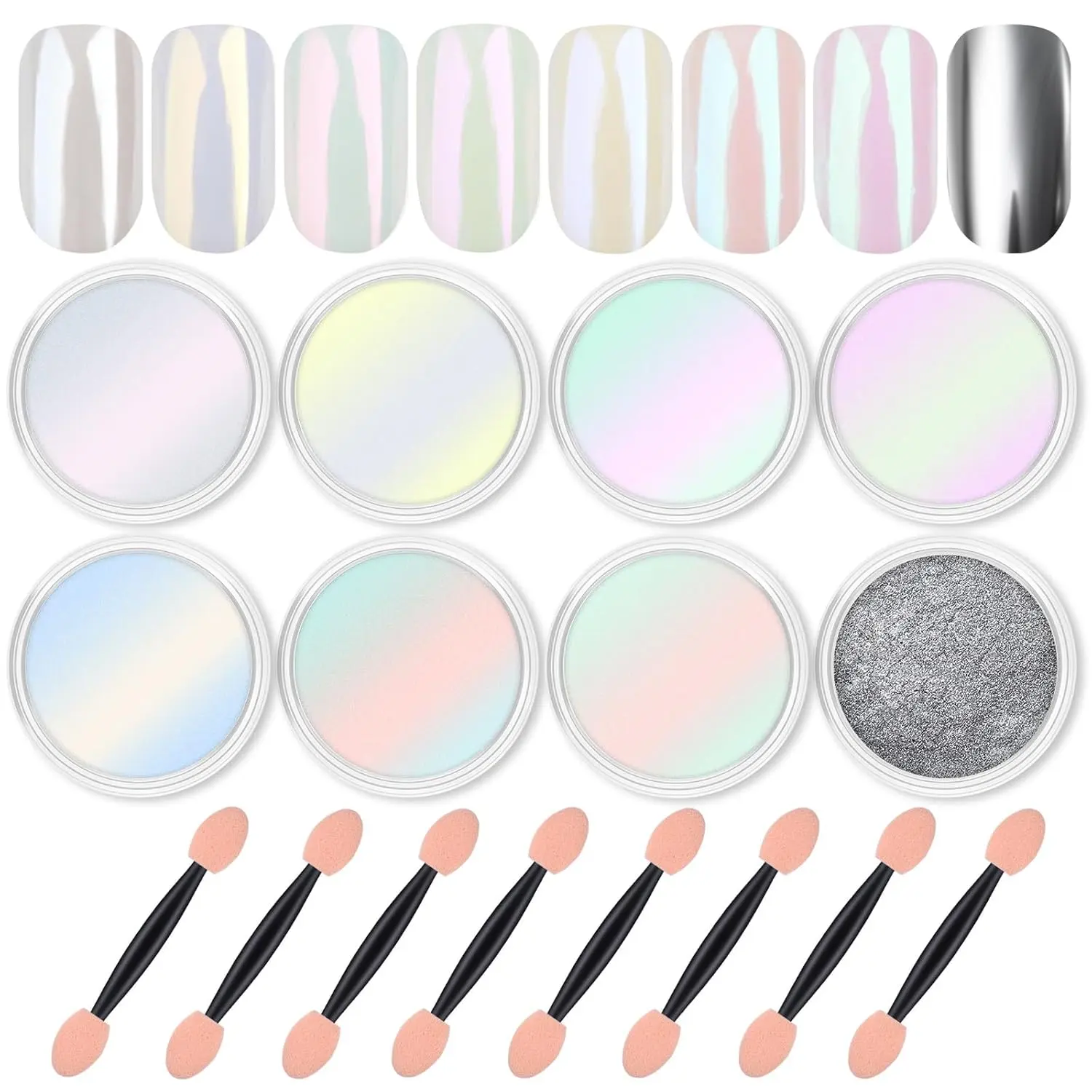 12-Color Chrome Nail Powder Kit (8 Jars, 1g Each) - Magic White Pearl, Mirror Shine Silver Metallic, Holographic Dip Powder, Iridescent Aurora Mermaid Pigment, with Gel Base for Nail Art Decoration, Chrome Powders, Iridescence