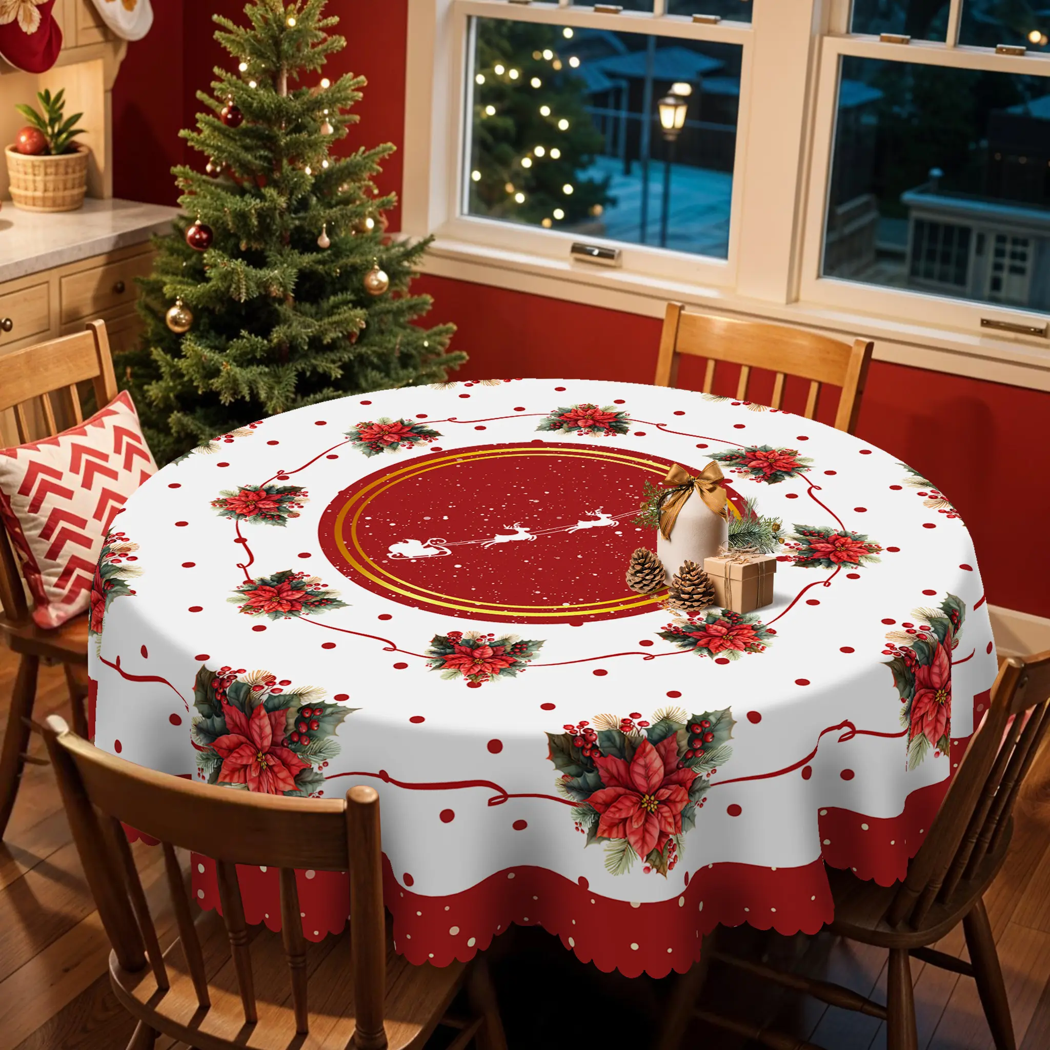 Christmas Atmosphere Print Tablecloth Rectangle & Round Table Cover with Christmas Flower Xmas Decor for Holiday Party Indoor Dining Festive Home Kitchen Accessory Gift - Decoration