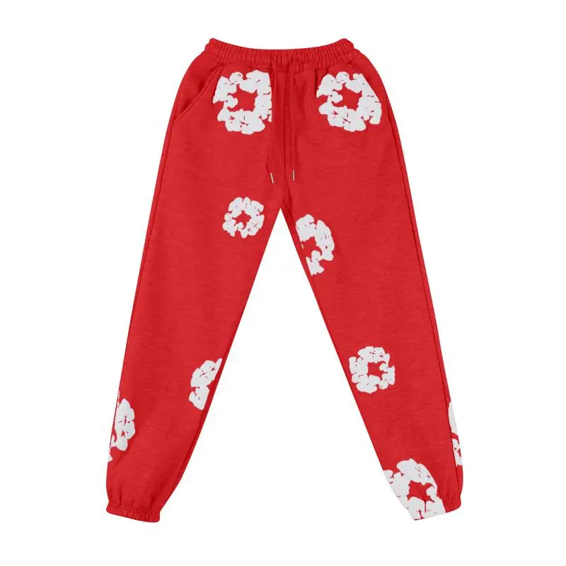 Foamed red pants with white floral wreat