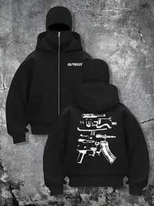 Streetwear "In Draco We Trust" Masked Casual Hoodie - Punk Gun Theme Full-Coverage Pullover